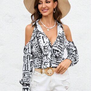 NEW! Boho African Print Cold Shoulder Button Front Shirt Blouse Top